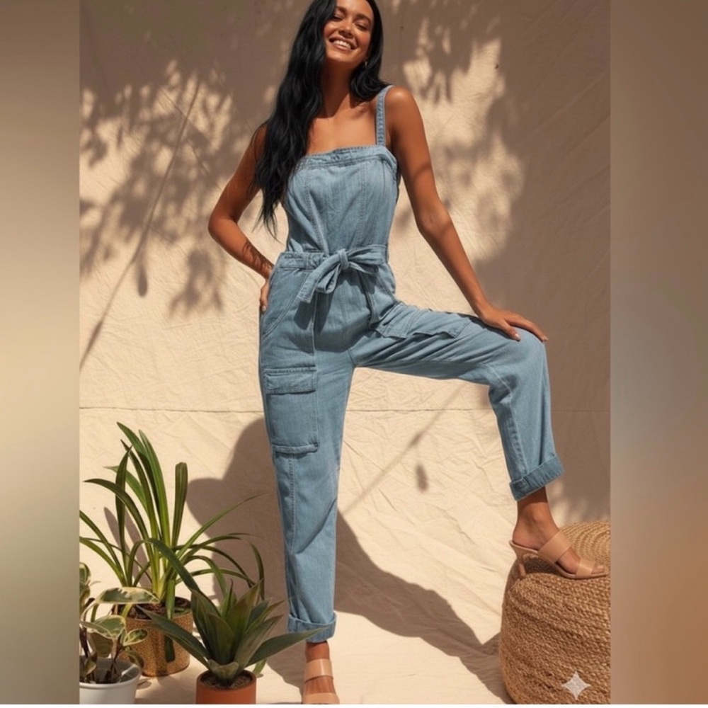 Free People Light Blue Denim Jumpsuit size small